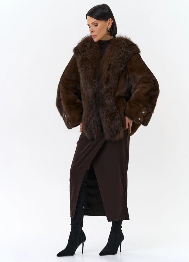 Шуба из норки с отделкой из меха чернобурки модель № 32030 универмаг малина