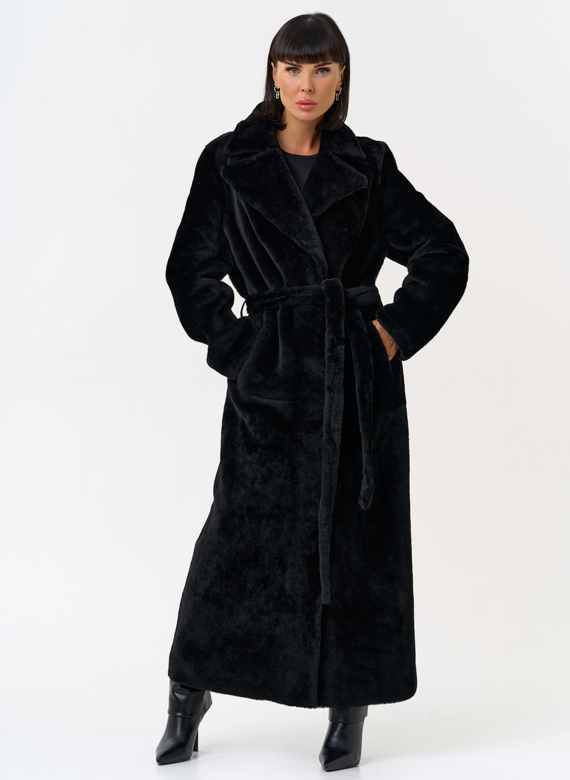 Женская натуральная дубленка с двойным поясом