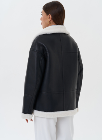 Дубленка из эко кожи черного цвета с черным эко мехом