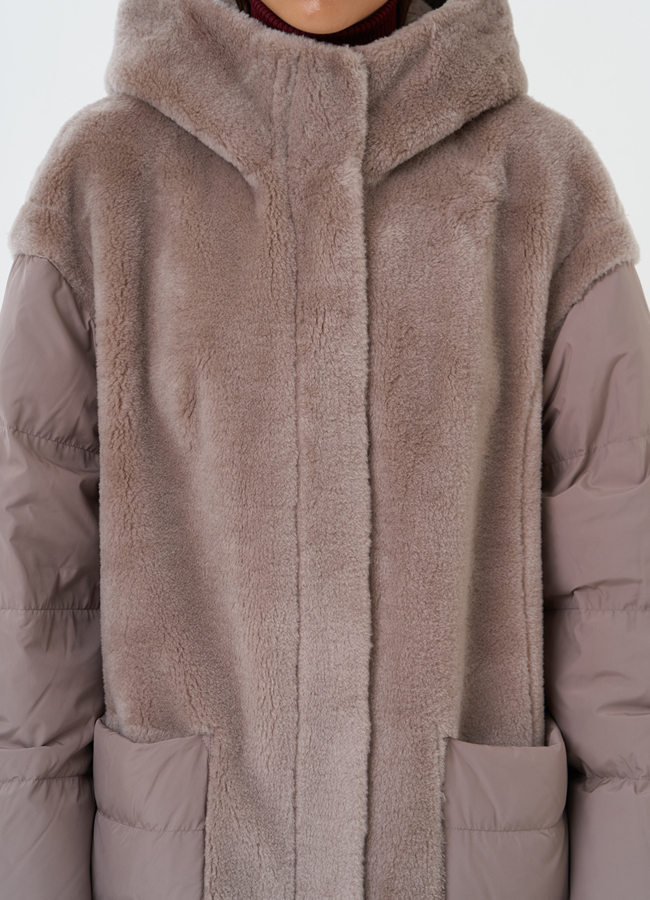 Комбинированное пальто с капюшоном модель № 28673 в рассрочку