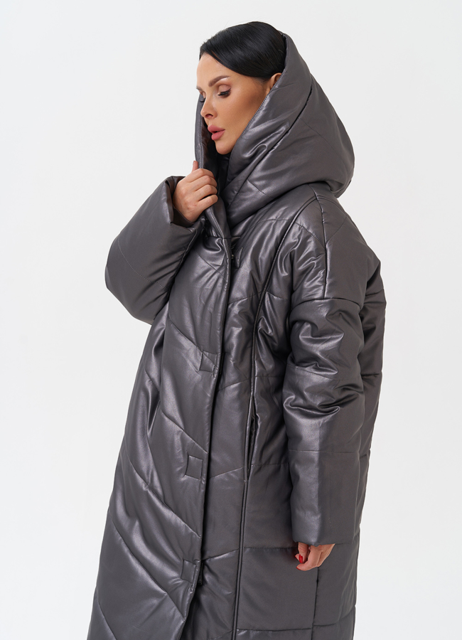 Пуховик из эко кожи с капюшоном модель № 27716 универмаг малина
