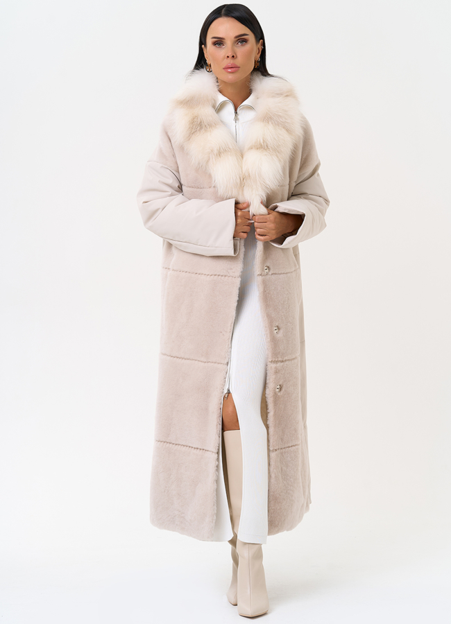 Комбинированное женское пальто из меха овчины с поясом модель № 31401 универмаг малина