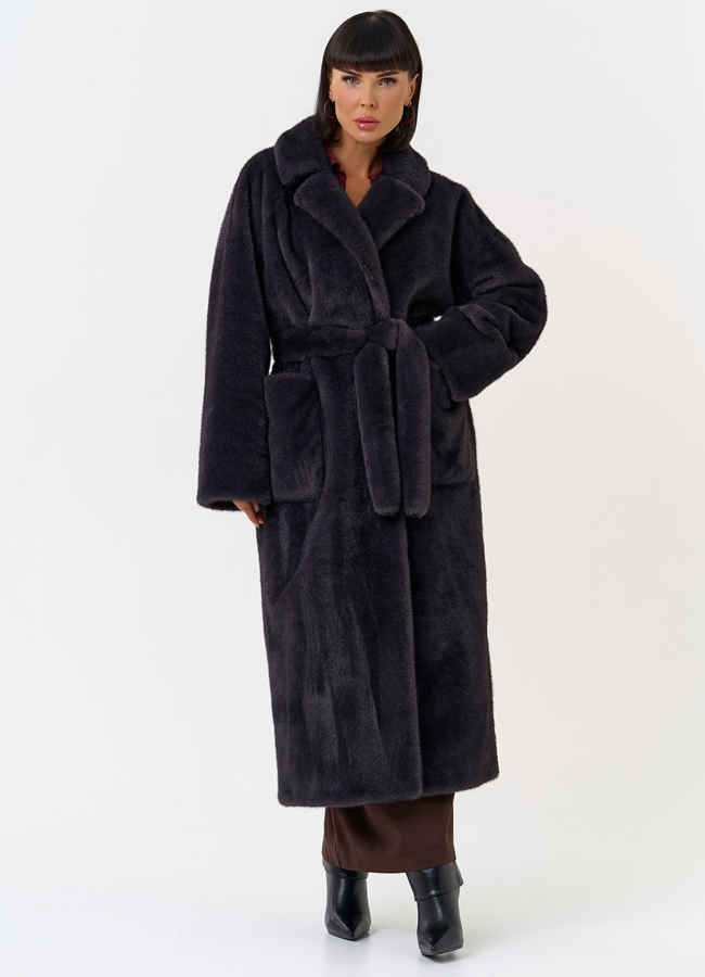 Женское пальто из эко меха с поясом модель № 31500 меха малина