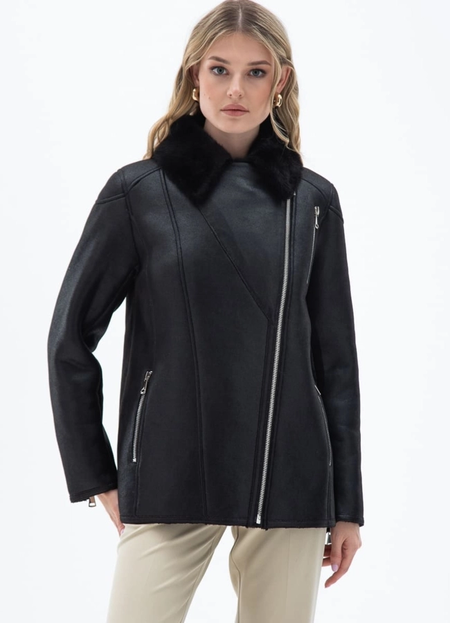 Женская дубленка из эко кожи с отделкой из эко меха модель № 32025 универмаг малина