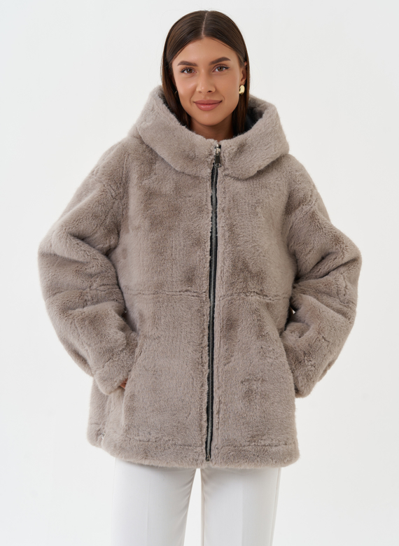 Женская эко дубленка с капюшоном