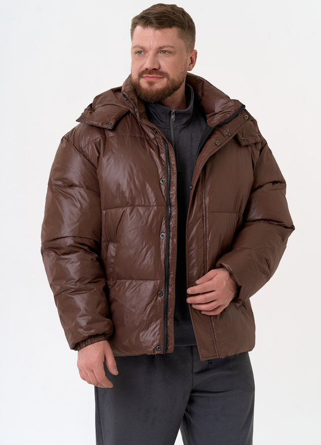 Мужской пуховик коричневого цвета модель № 31465 меха малина