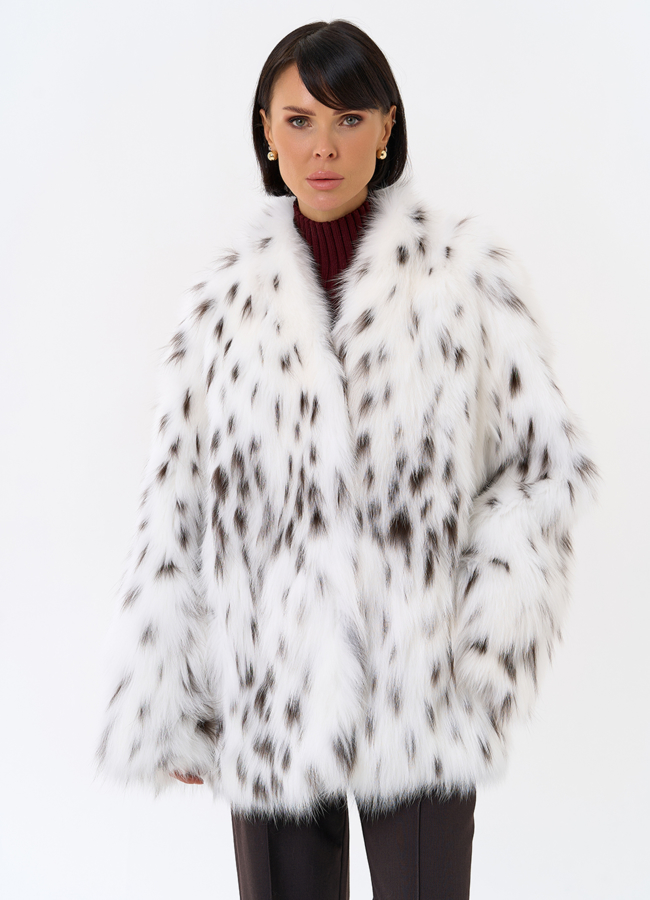 Шуба из лисы с инкрустацией под рысь модель № 31855 универмаг малина