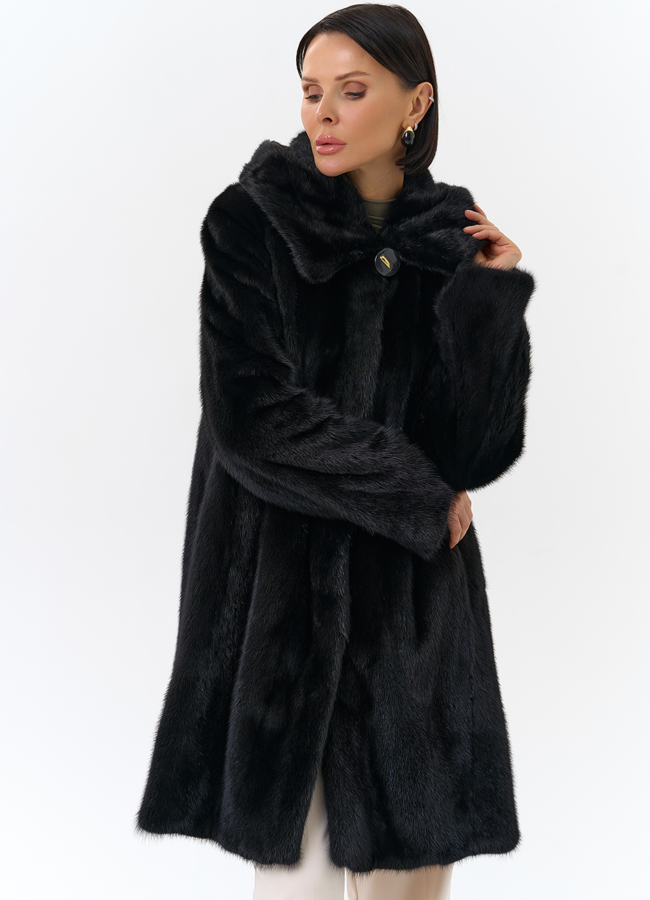 Шуба из норки с капюшоном черного цвета модель № 27662 универмаг малина