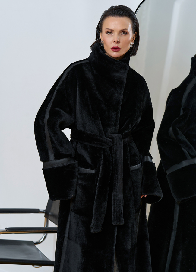 Женская двухсторонняя дубленка с воротником стойкой модель № 31914 в рассрочку