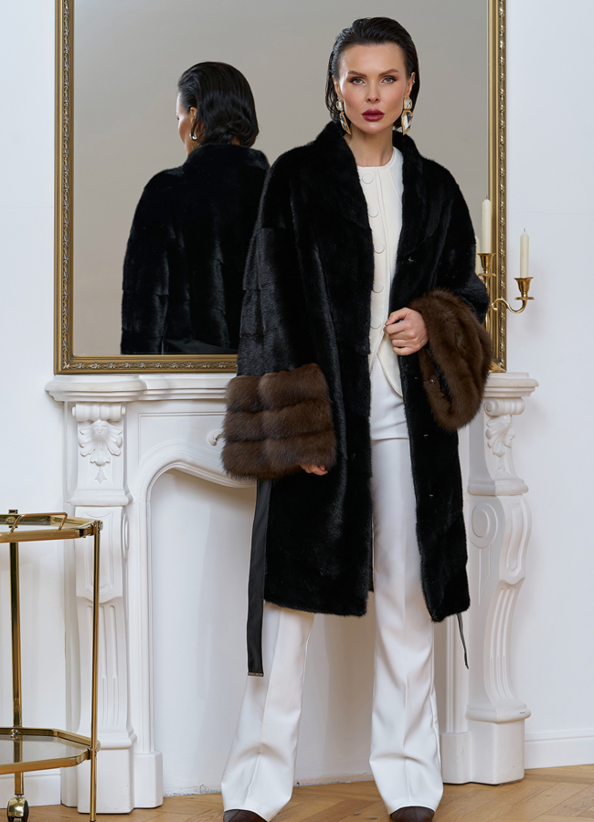 Норковая шуба с манжетами из меха куницы модель № 31200 в кредит