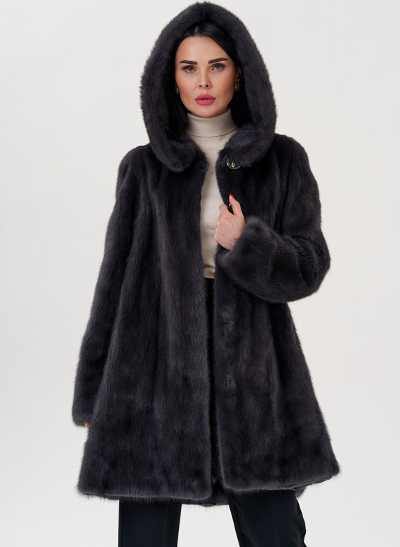 Норковая шуба балетка, в цвете графит с капюшоном