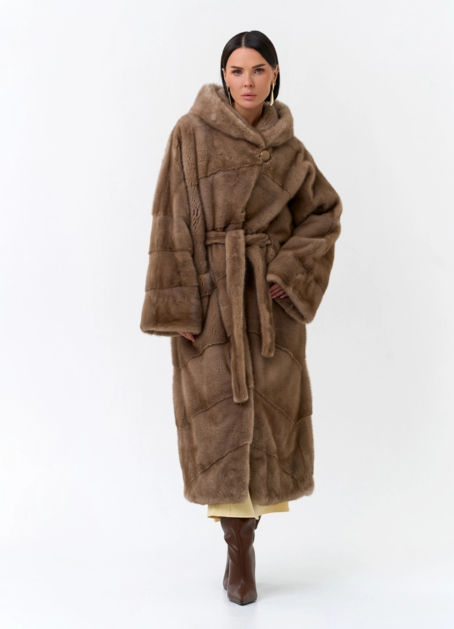 Шуба из меха норки с капюшоном модель № 31352 меха малина