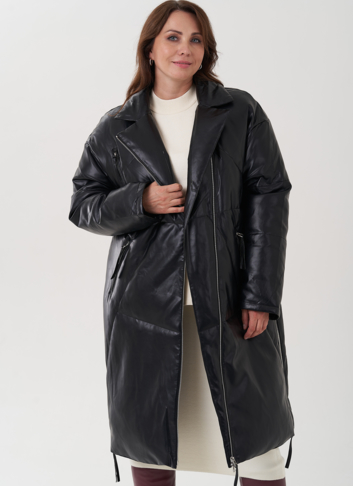 Пуховик женский из эко кожи с английским воротником