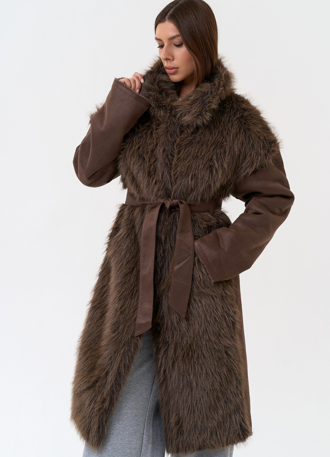 Женская дубленка из эко замши с отделкой из эко меха модель № 31326 универмаг малина