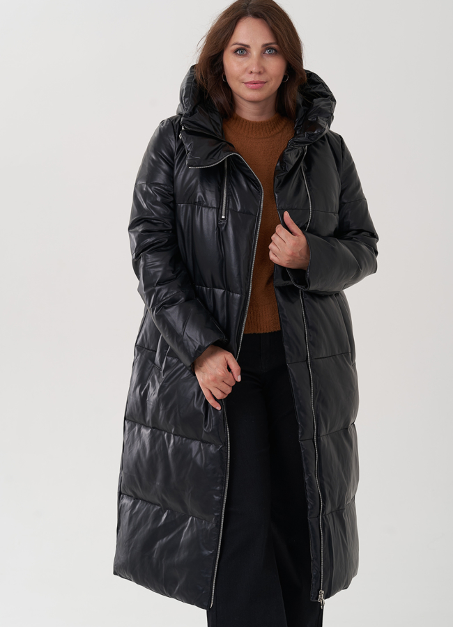 Женский пуховик из эко кожи с капюшоном модель № 24865 в рассрочку