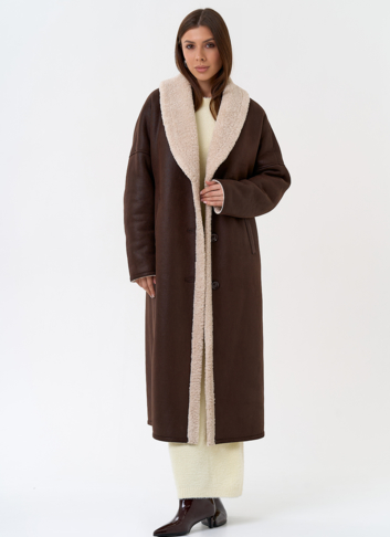 Женская двухсторонняя дубленка из эко замши с воротником шаль