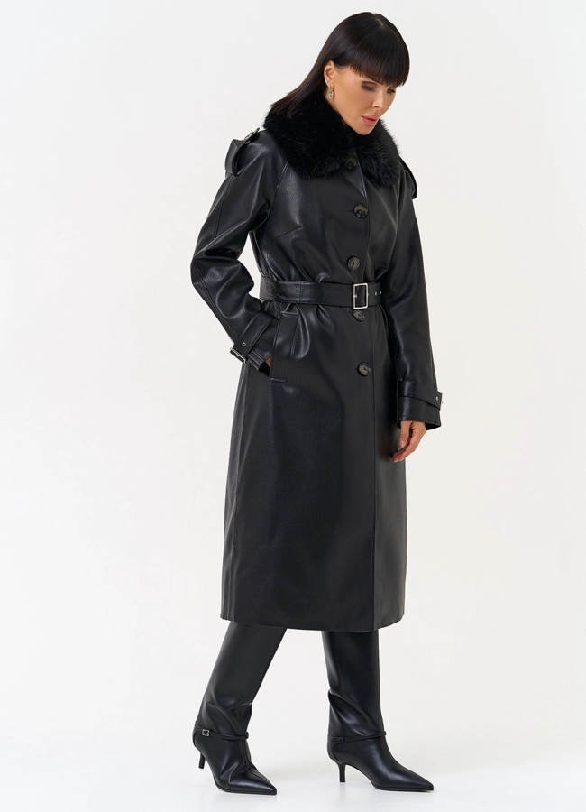 Женское утепленное пальто из экокожи с воротником из эко меха модель № 30705 универмаг малина