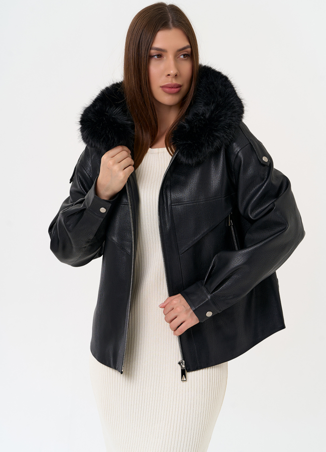 Женская утепленная куртка из эко кожи с поясом модель № 31494 универмаг малина