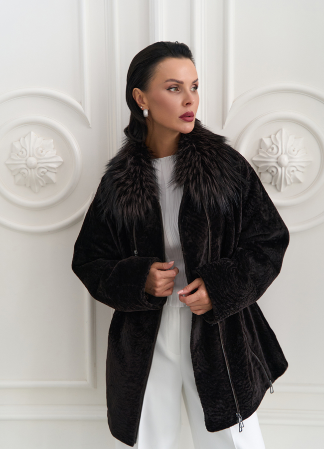 фото Дубленка натуральная с воротником из меха лисы модель № 31624