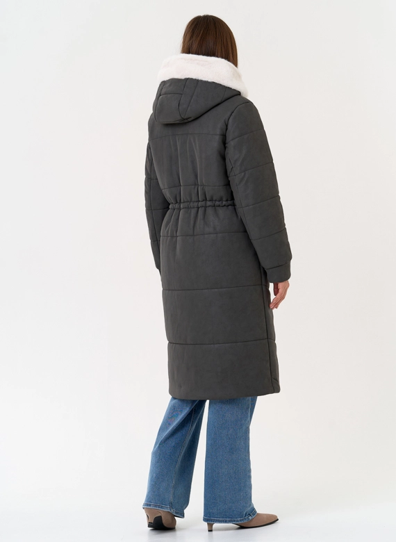 Женское пальто из эко кожи с капюшоном