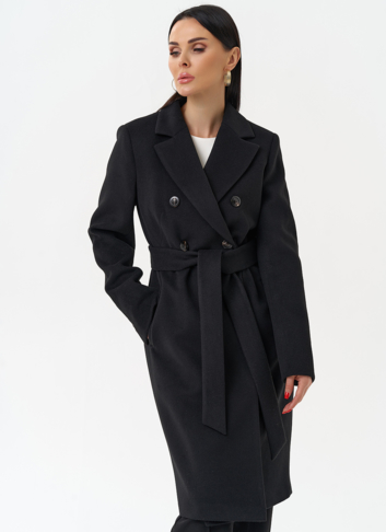 Женское двубортное пальто с поясом